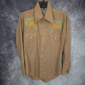 Vintage Karman Western Shirt Mens M 16 - 33 Brown Pearl Snap Floral Cowboy Rodeo